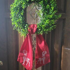 Red Christmas Wreath Sash Featuring White Chinoiserie Design Reindeer--$40